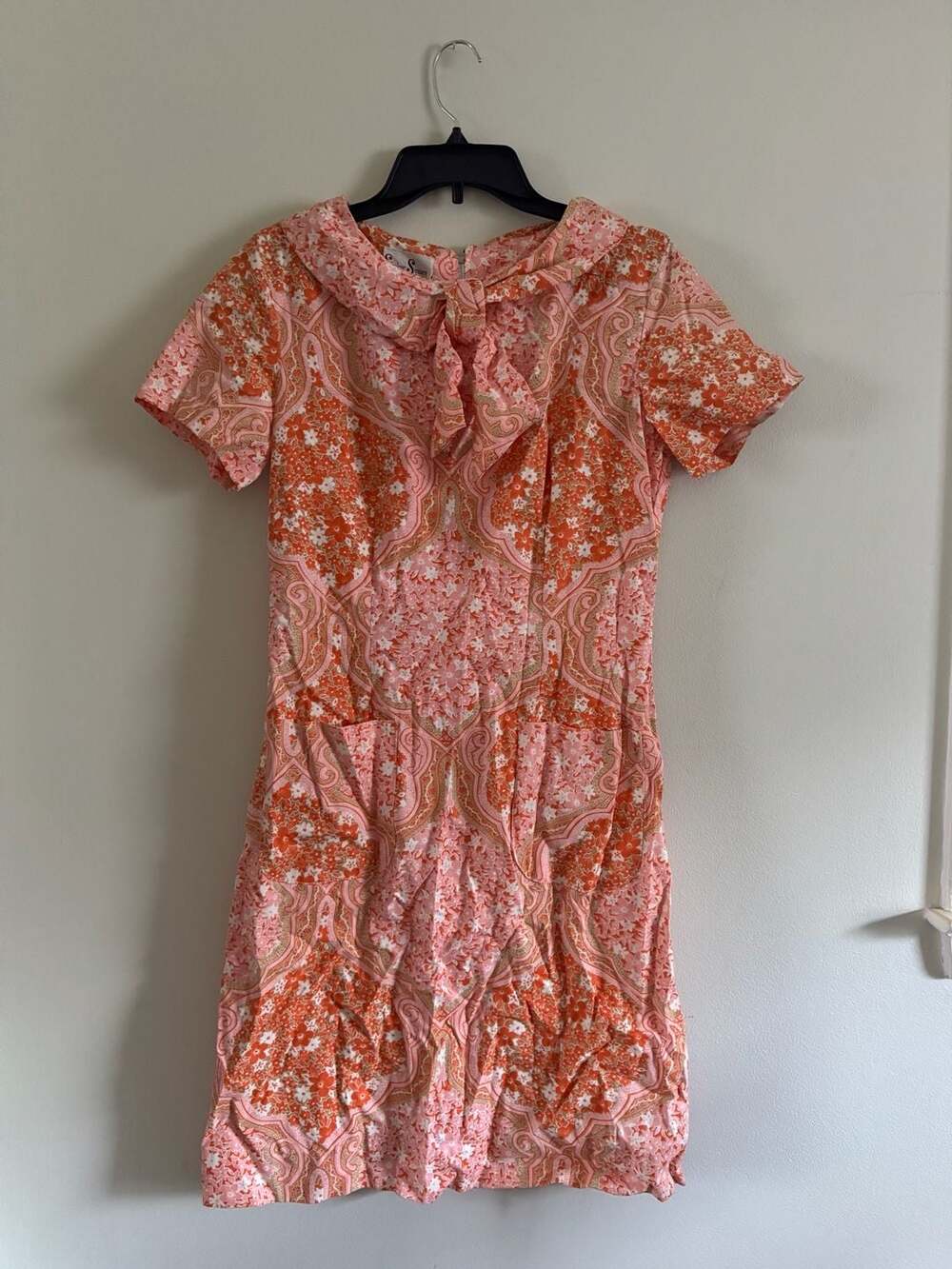 Vintage Shaker Square by Bill Sims Orange Pink Floral Paisley Mini Dress with Fr